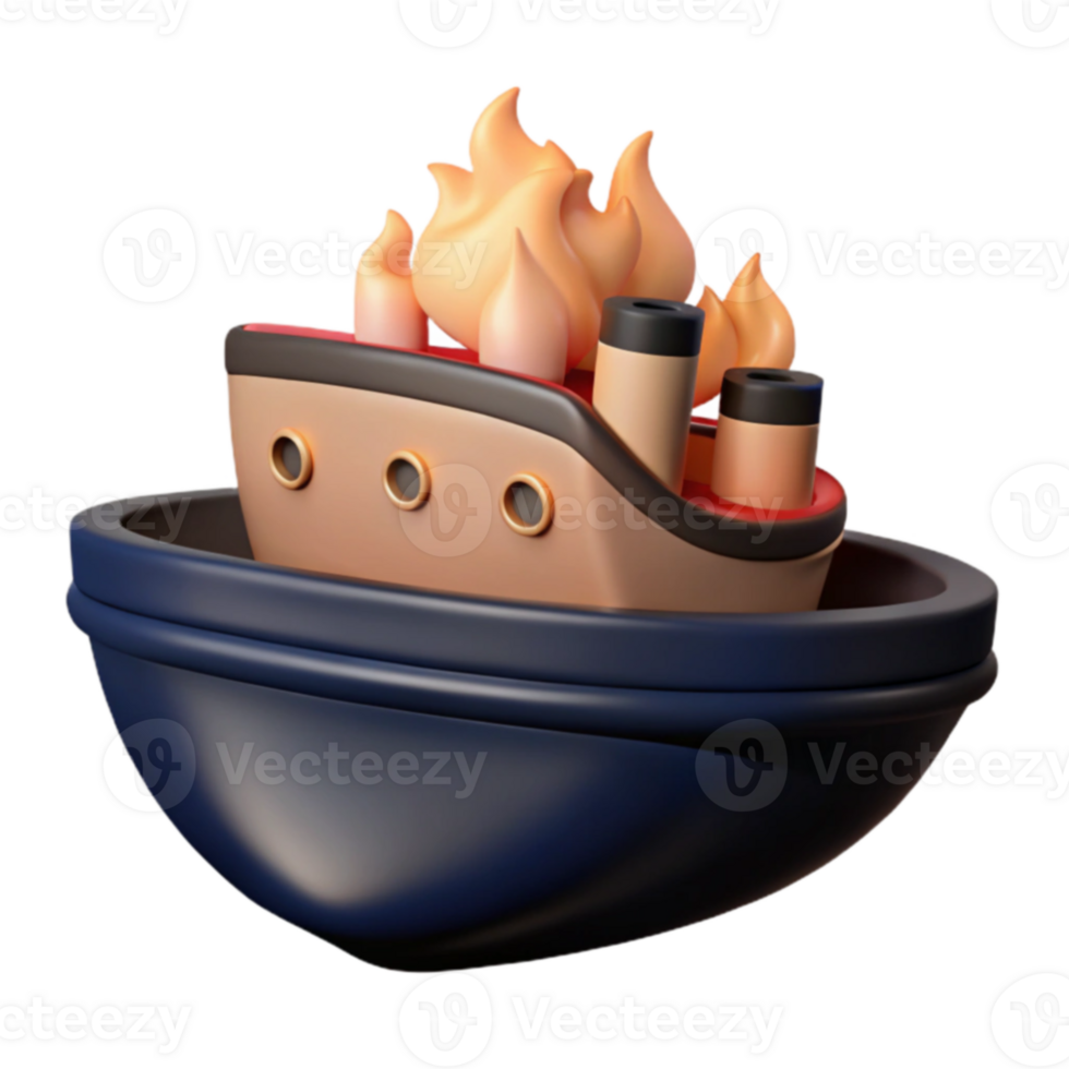 3D Render of a Cartoon Ship on Fire png