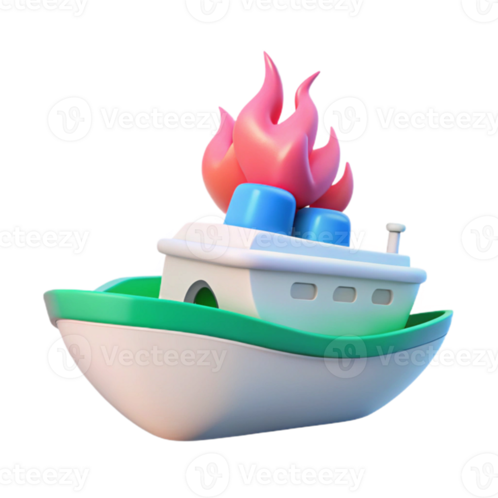 3D Cartoon Boat on Fire with Green Trim png