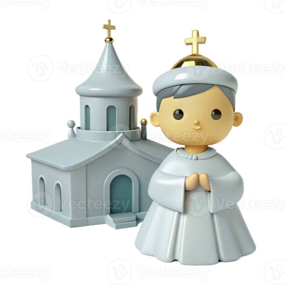 3D Illustration of a Praying Figure in Front of a Church png