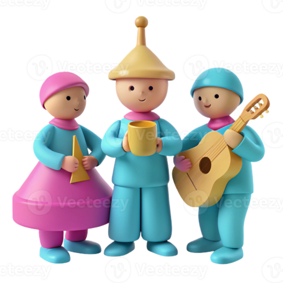 Three Toy Figures One Holding a Mug, One Holding a Guitar, and One Holding a Triangular Shape png