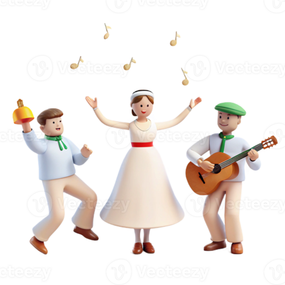 3D Cartoon Characters Dancing and Playing Guitar with Musical Notes png