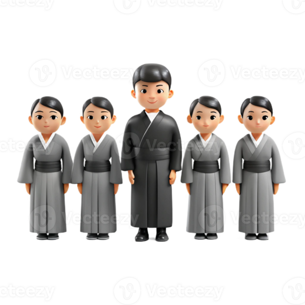 Group of Five Cartoon Characters Wearing Traditional Asian Clothing png