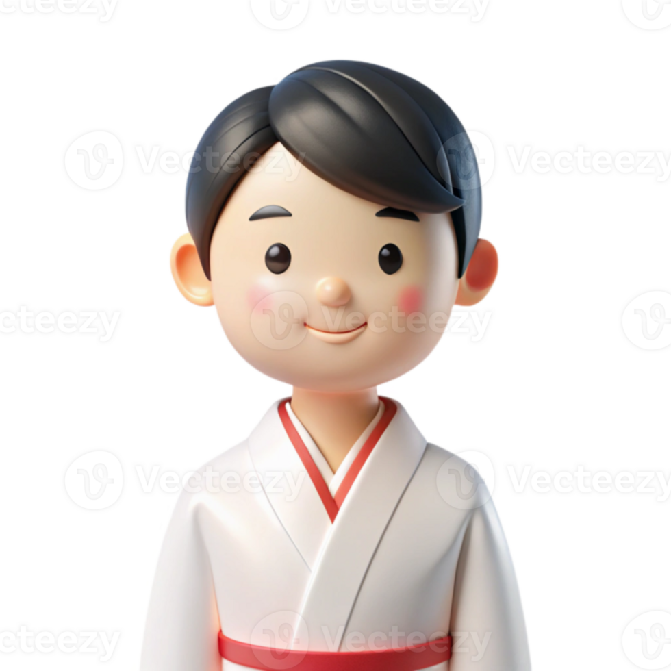 Smiling 3D Cartoon Character in Traditional Japanese Clothing png