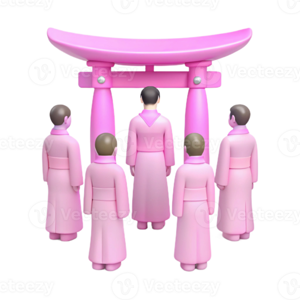 Five Figures in Pink Robes Standing Before a Torii Gate png