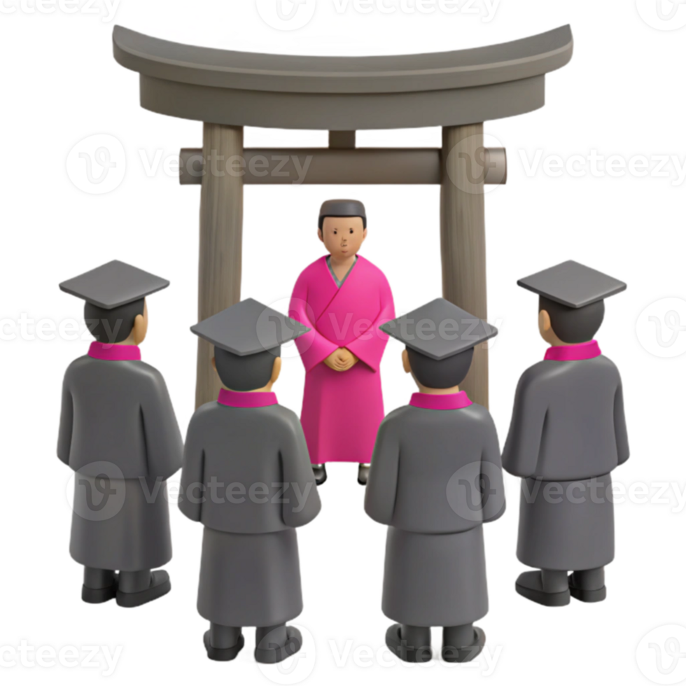 Students in Traditional Japanese Attire Gathering at a Torii Gate png