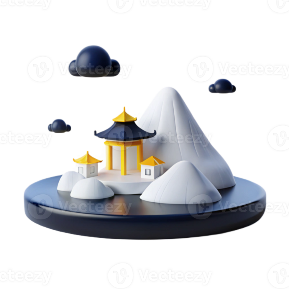 3D Rendered Mountain Scene with Pagoda and Clouds png
