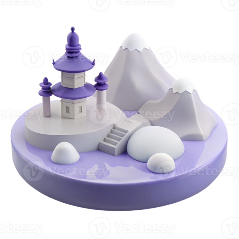3D Render of a Pagoda with Mountain Peaks png