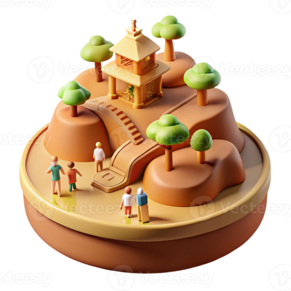 3D Illustration of a Miniature World with a Small Temple on a Hilltop png