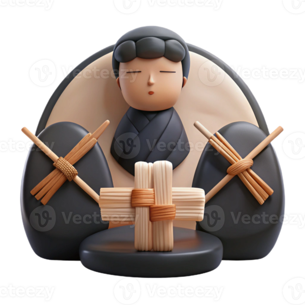 3D Illustration of a Traditional Japanese Figurine with Straw Decorations png