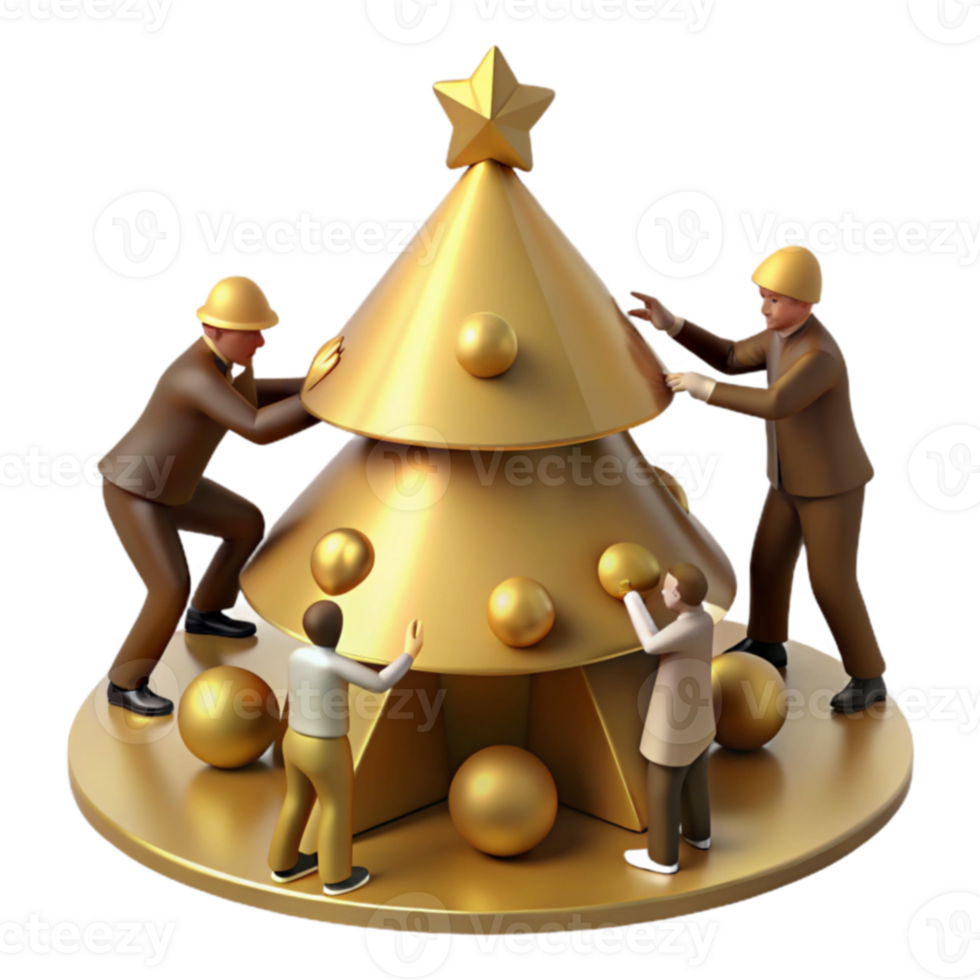 Decorating a Golden Christmas Tree with Ornaments png