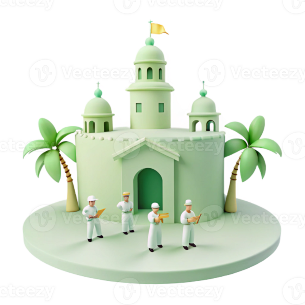 3D Rendered Castle with Palm Trees and Figures png