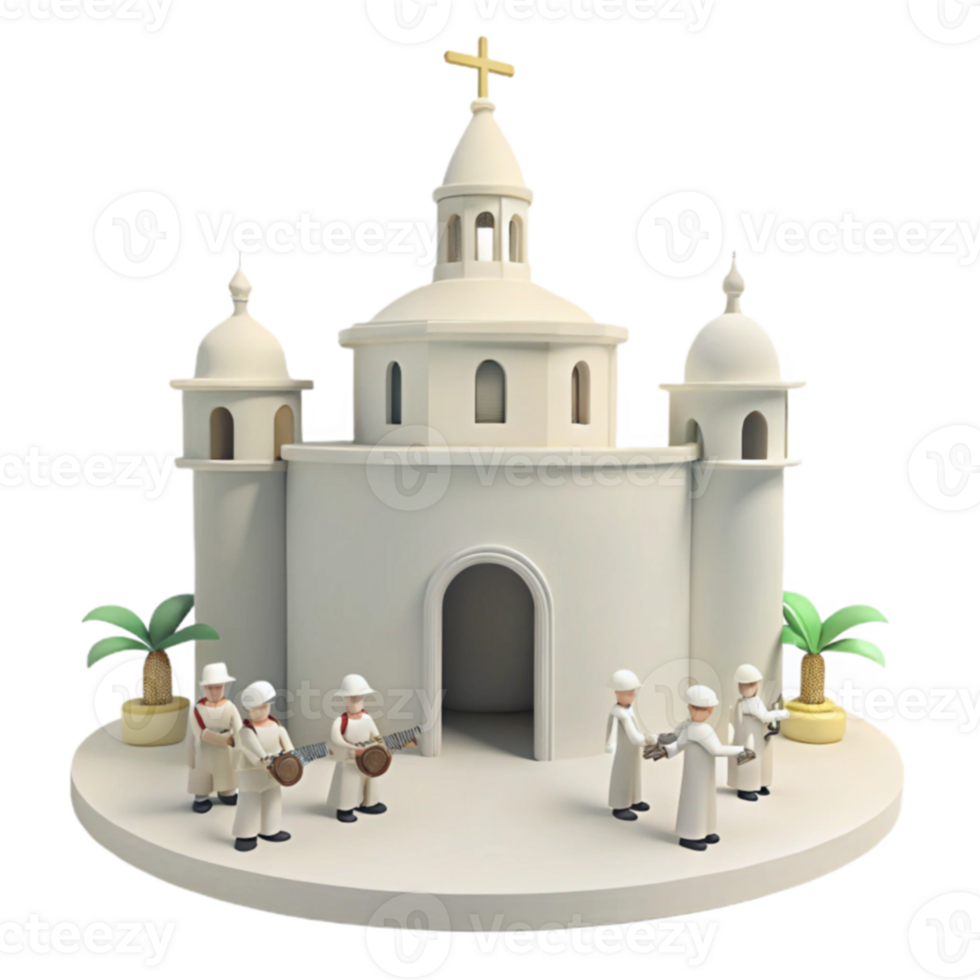 3D Render of a Church with Palm Trees and Figures png