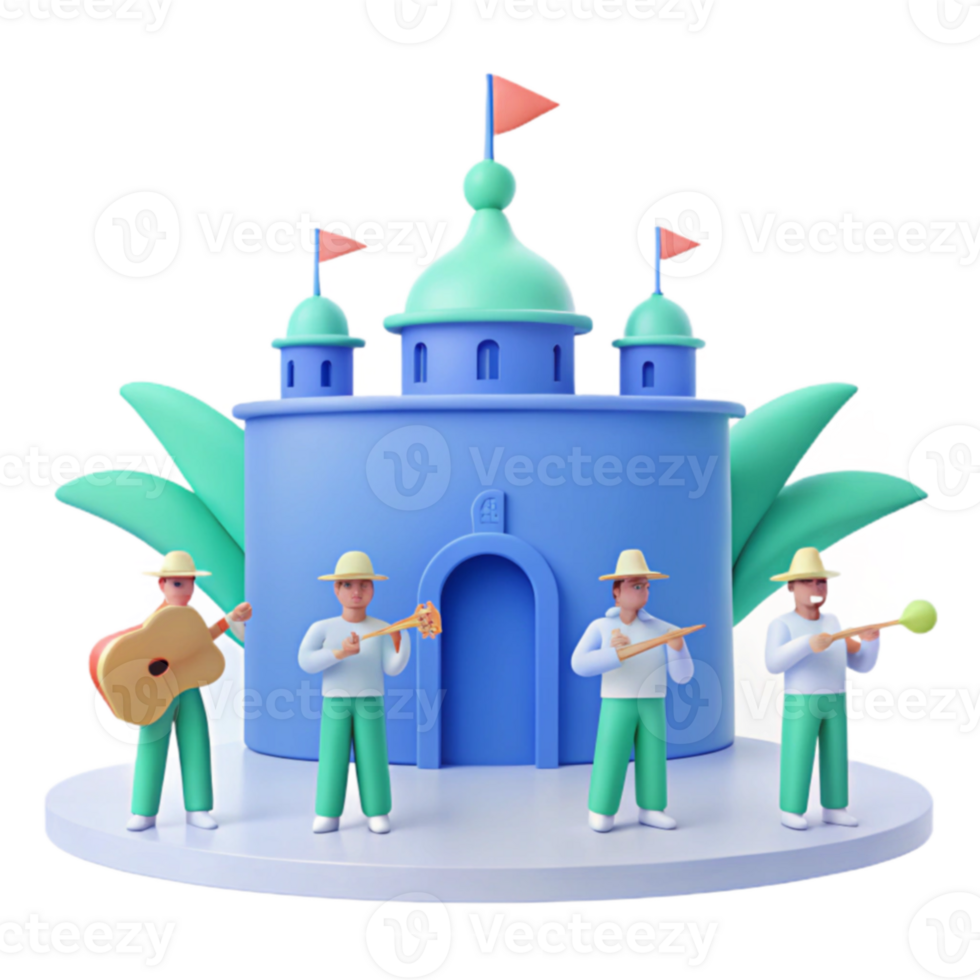 3D Cartoon Characters Performing Music in Front of a Castle png
