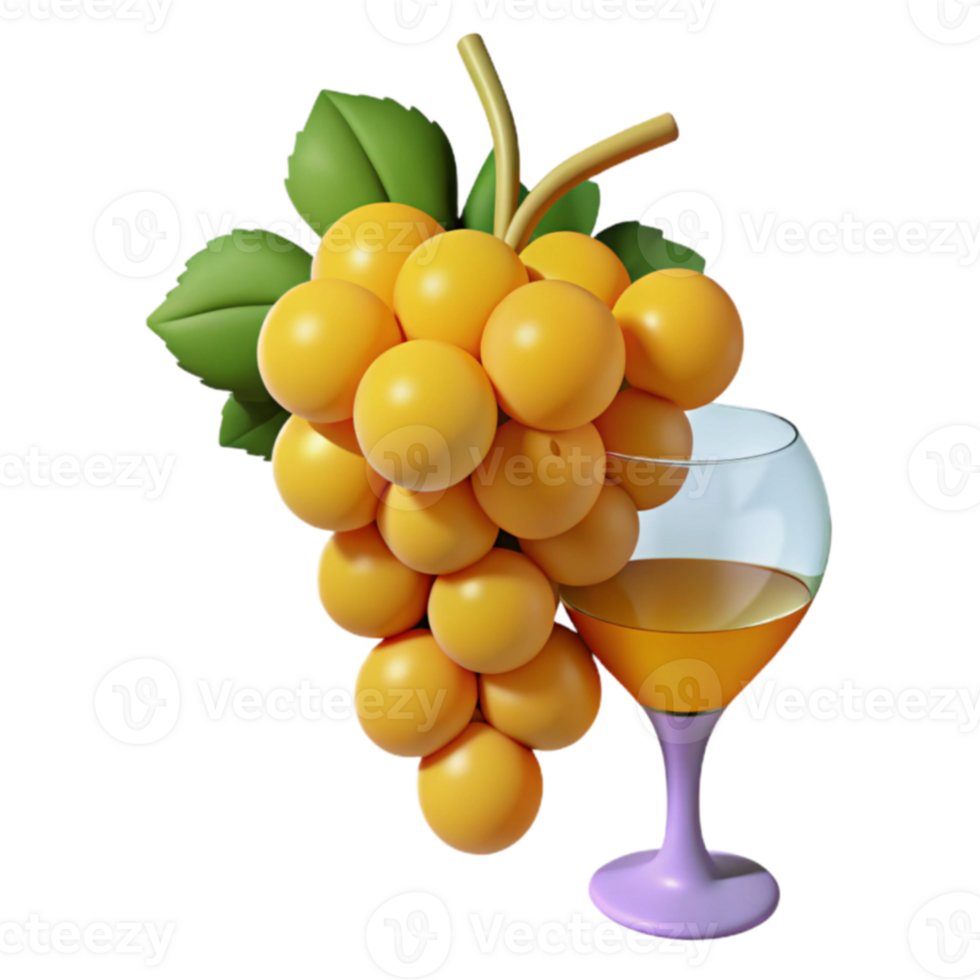 Grapes and Wine Glass 3D Illustration of a Bunch of Yellow Grapes with a Glass of Wine png