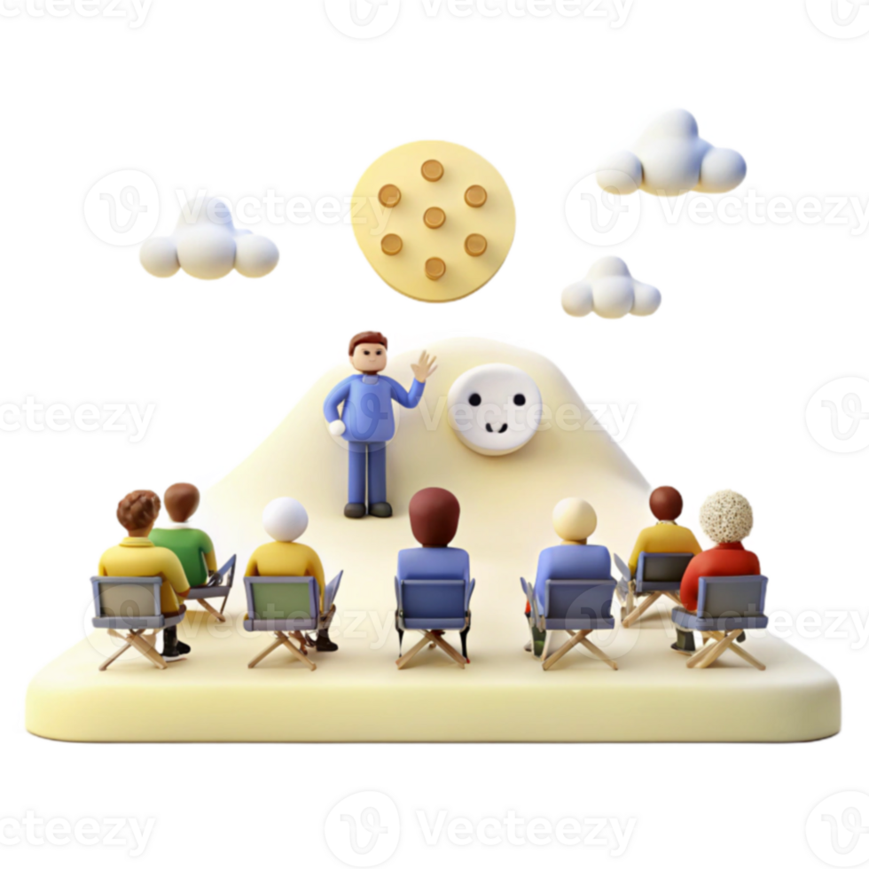 3D Illustration of a Speaker Addressing an Audience on a Hilltop with a Smiling Plug and a Moon png