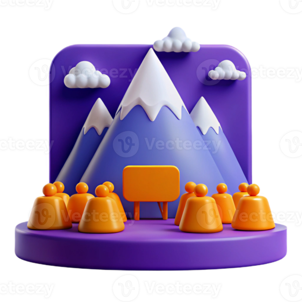 3D Illustration of People Gathered in Front of Mountains with Blank Sign png