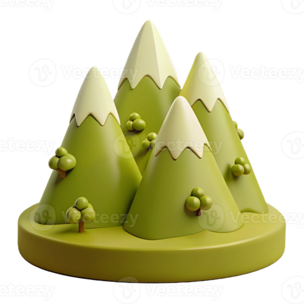 3D Cartoon Mountain Range with Snow Caps and Trees png
