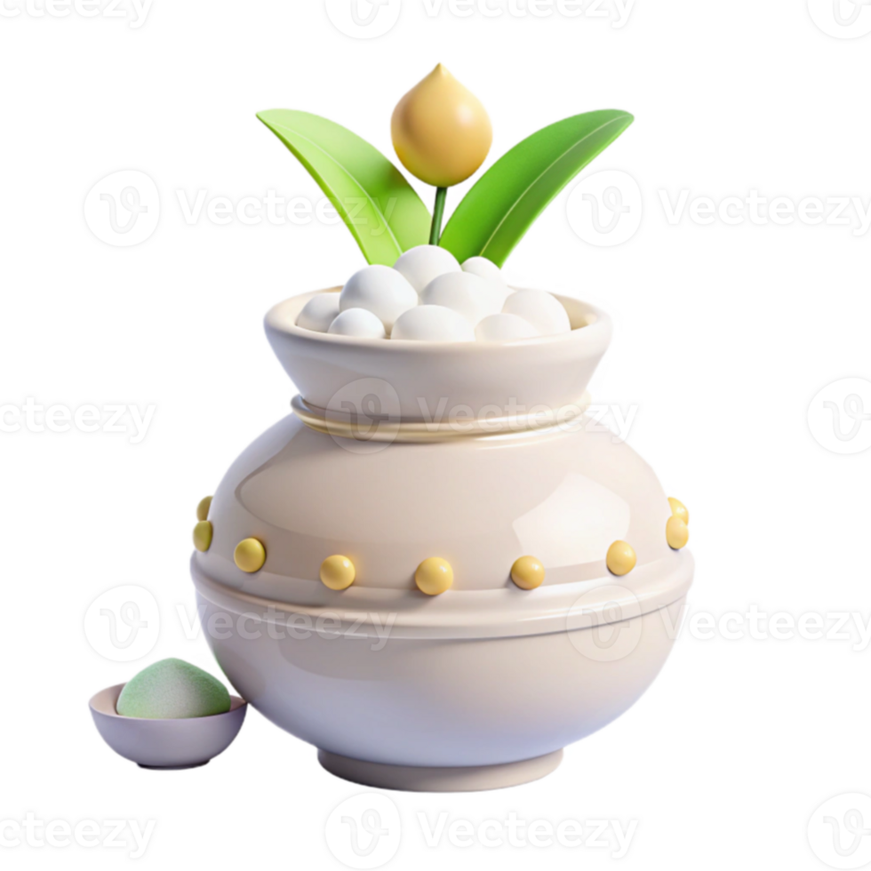 White and Yellow 3D Rendered Ceramic Pot with Small Flower and Decorative Dots png