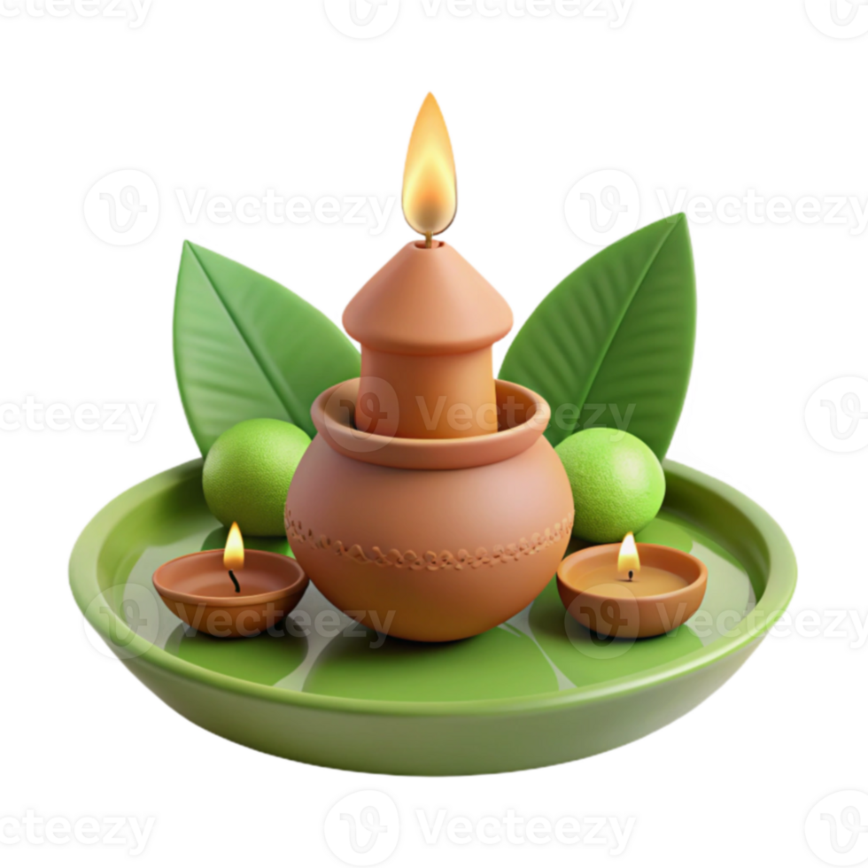 Clay Pot with Burning Candle and Green Leaves on a Plate png