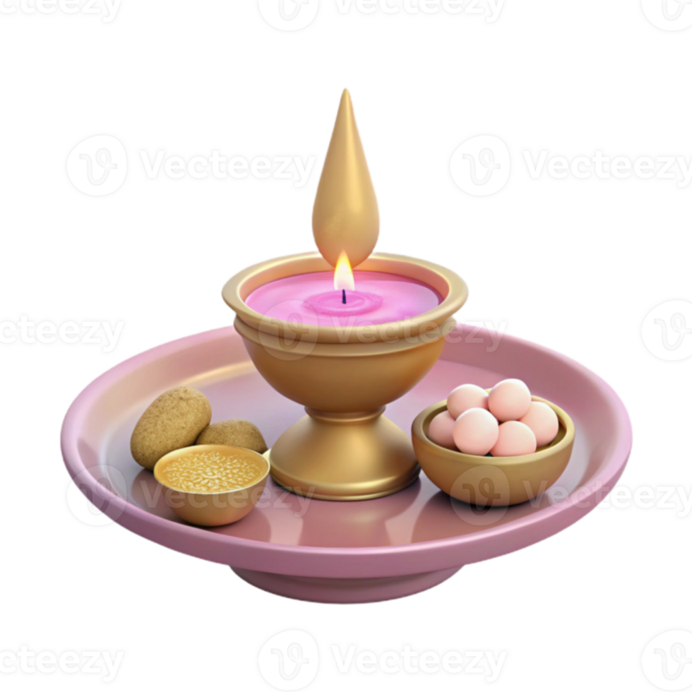 Golden Candle Holder with Pink Wax and Sweets on a Plate png