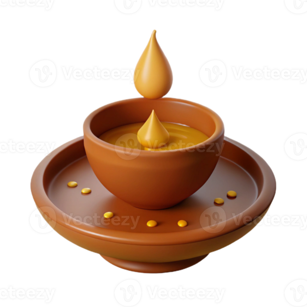 3D Rendered Clay Diya with Wax Drops png