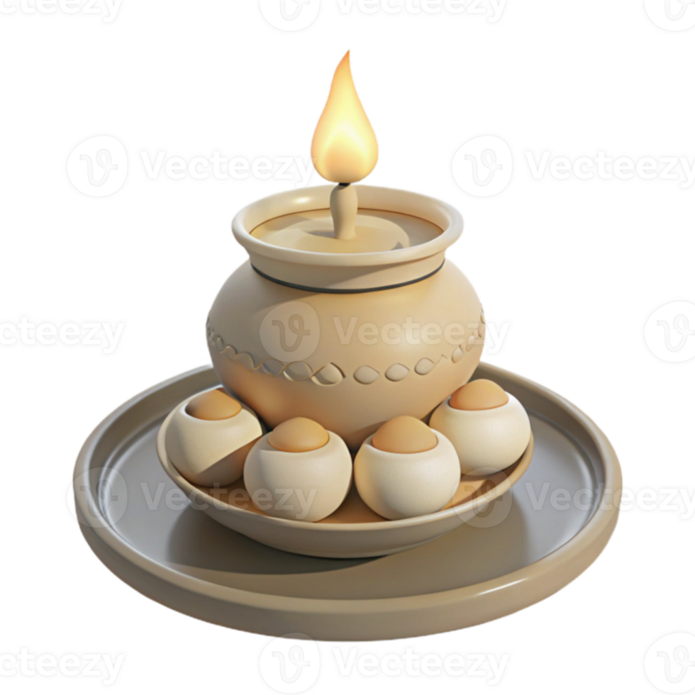 Clay Pot with a Lit Candle and Eggs on a Tray png
