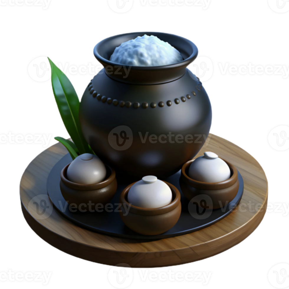 Ceramic Pot with White Cream and Three Small Pots on Wooden Tray png