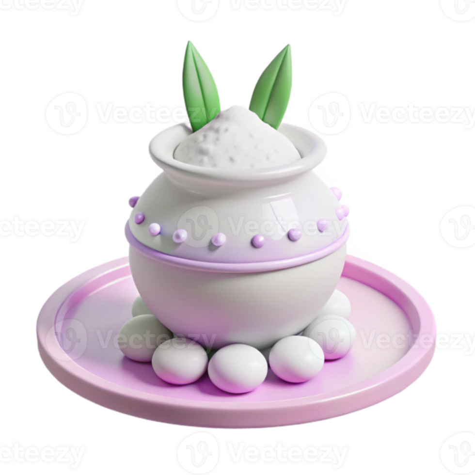 3D Render of a Traditional Pot with Green Leaves and White Eggs png