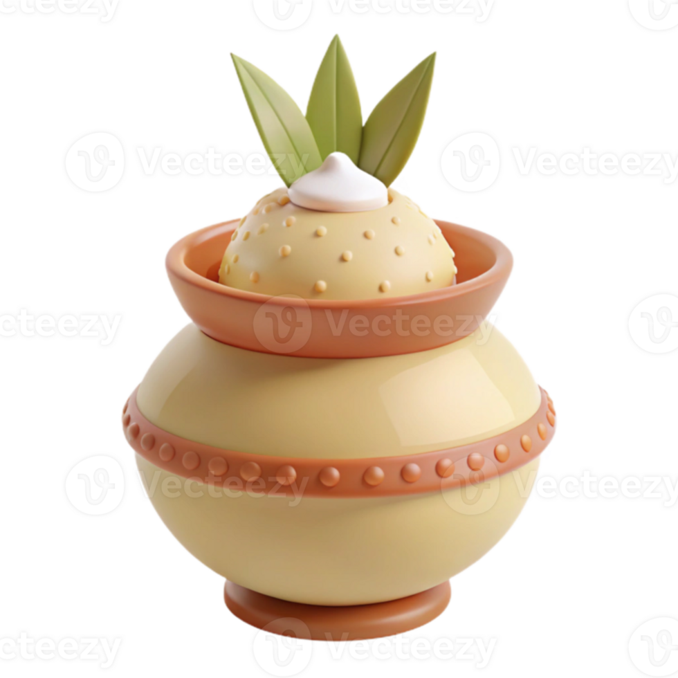 3D Render of a Yellow Pot with a White Topping and Green Leaves png