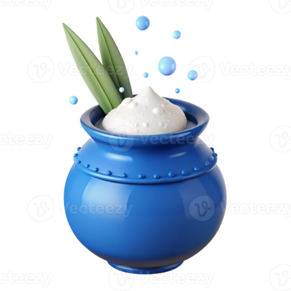 Blue Pot with White Liquid and Green Leaves png
