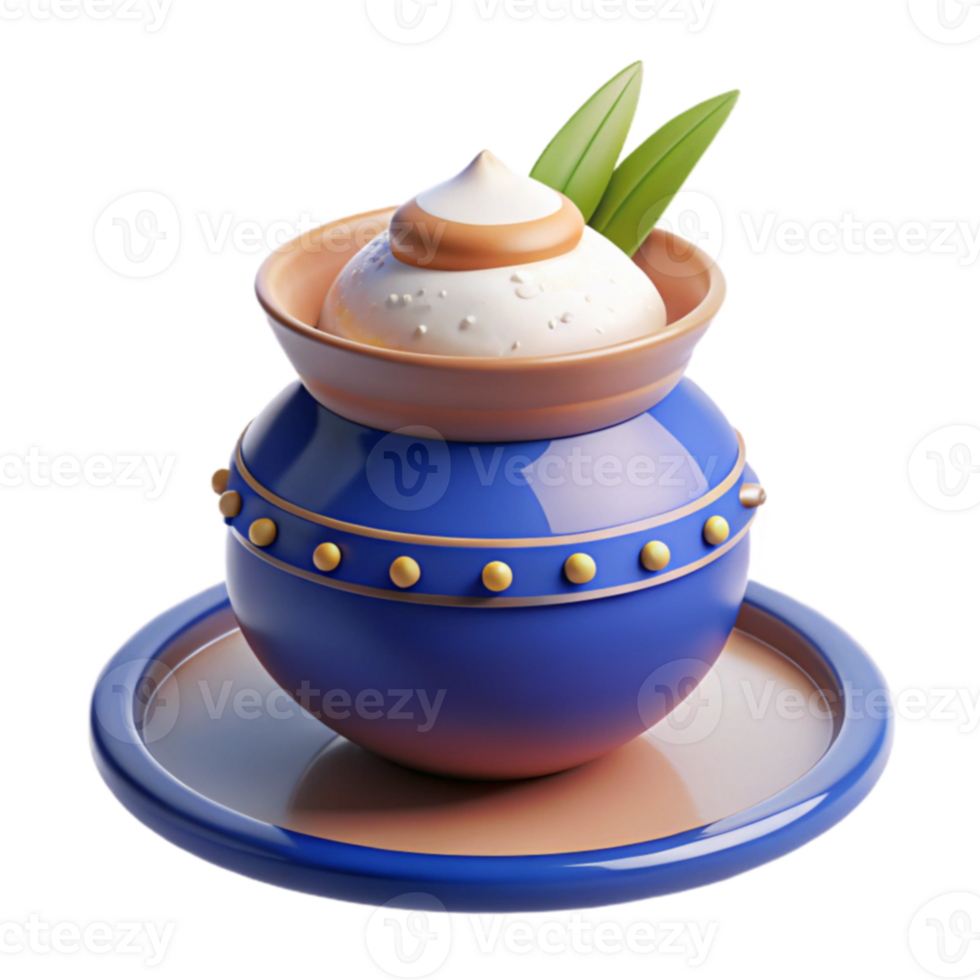 3D Rendered Blue Pot with White Cream and Green Leaves png