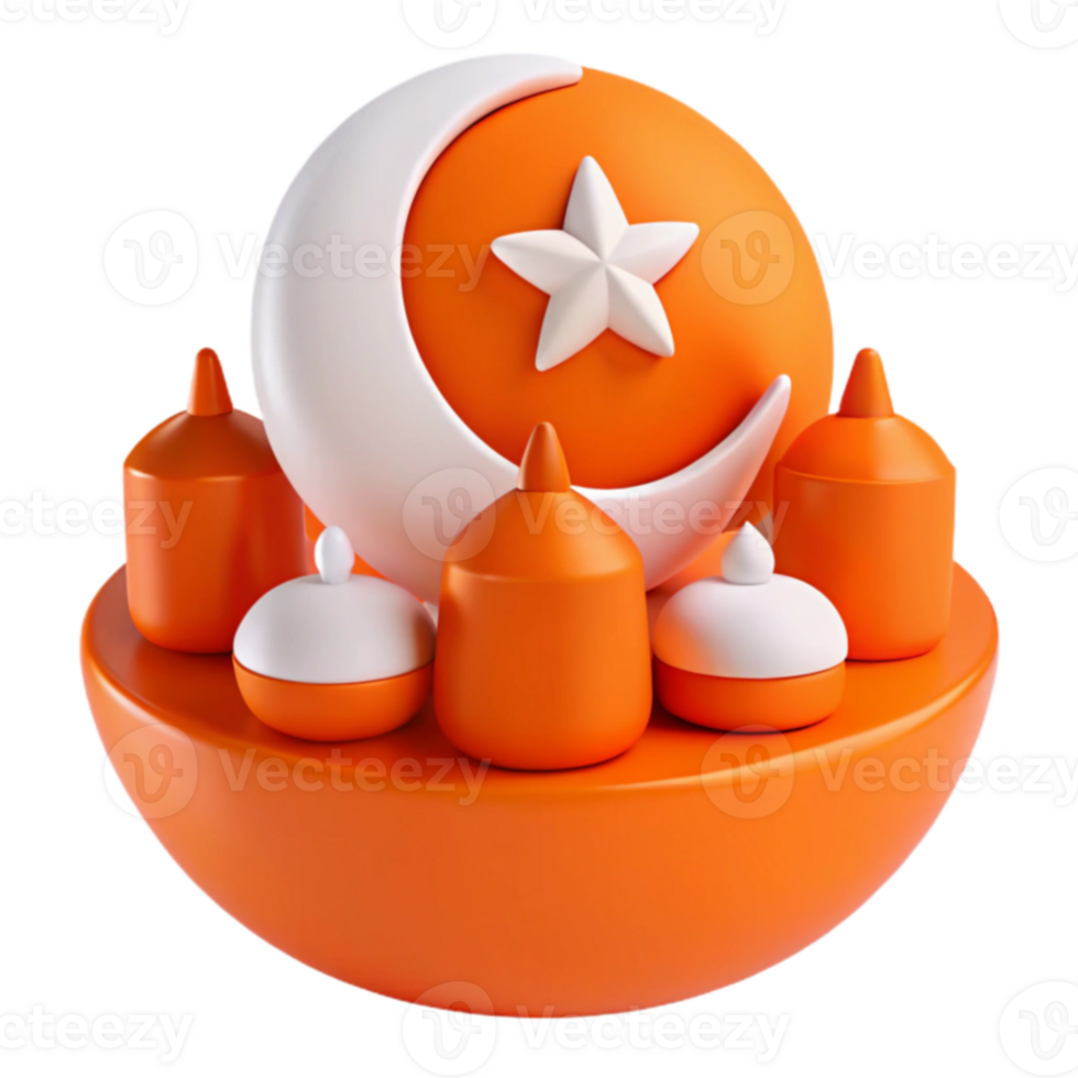 3D Render of Crescent Moon and Star with Orange and White Candles png