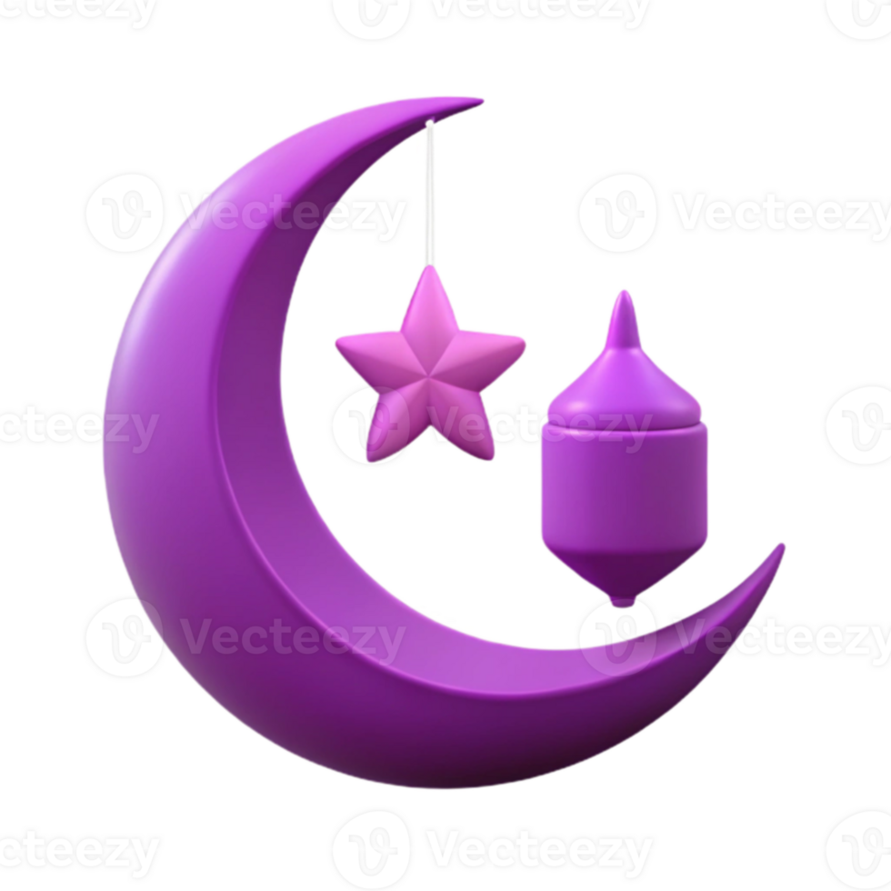 Purple Crescent Moon, Star, and Lantern 3D Render png