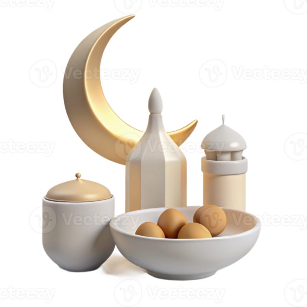 3D Render of Crescent Moon, Mosque, and Eggs in a Bowl png