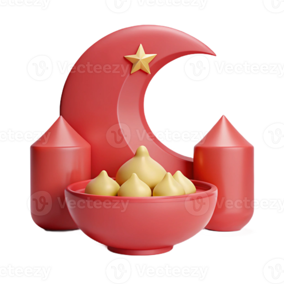 3D Rendering of a Crescent Moon and Star with a Bowl of Dumplings png