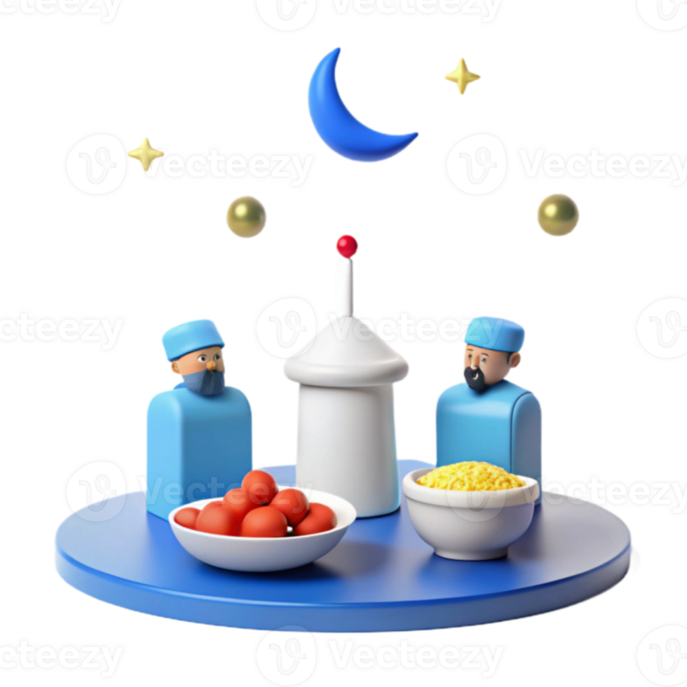 3D Illustration of a Festive Gathering with Crescent Moon and Stars png