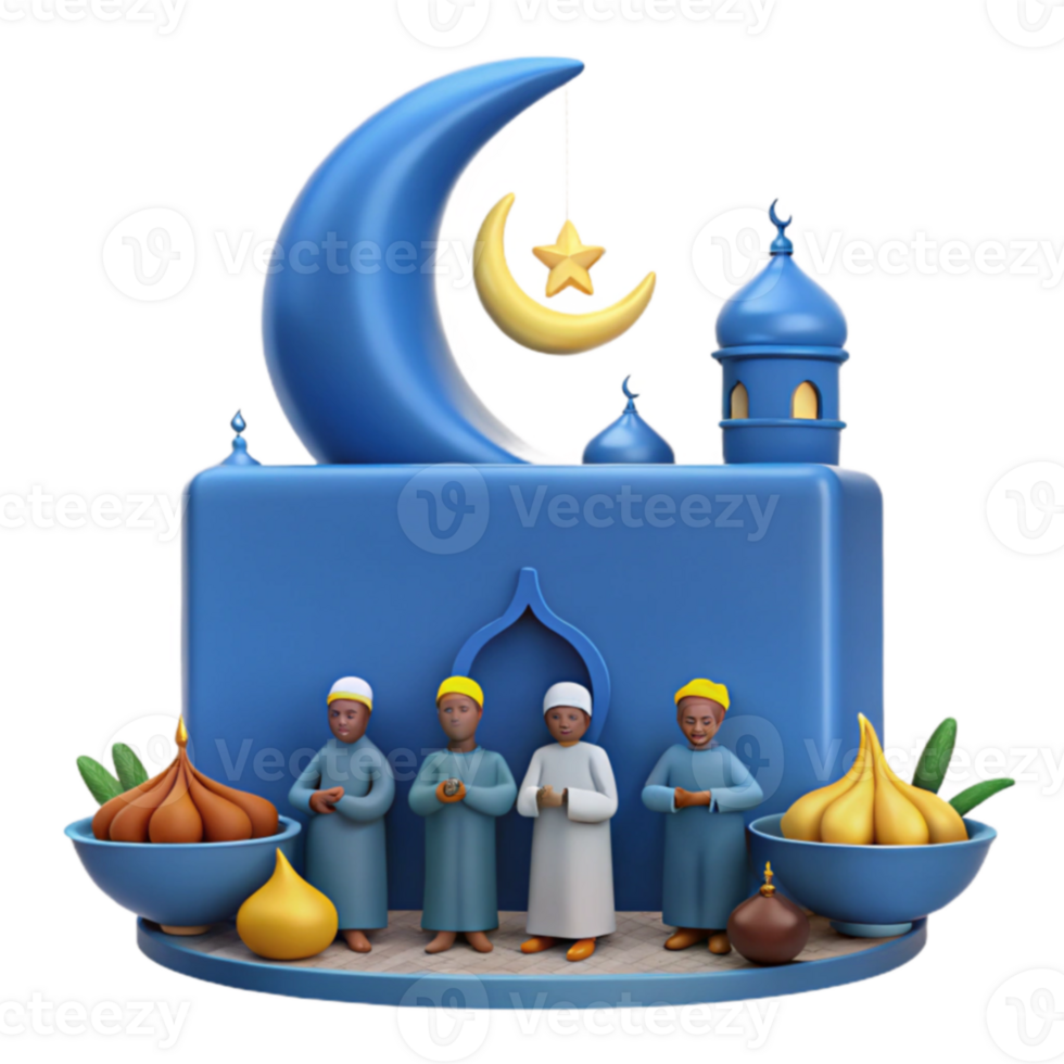 3D Illustration of People Praying in Front of a Mosque with a Crescent Moon and Star png