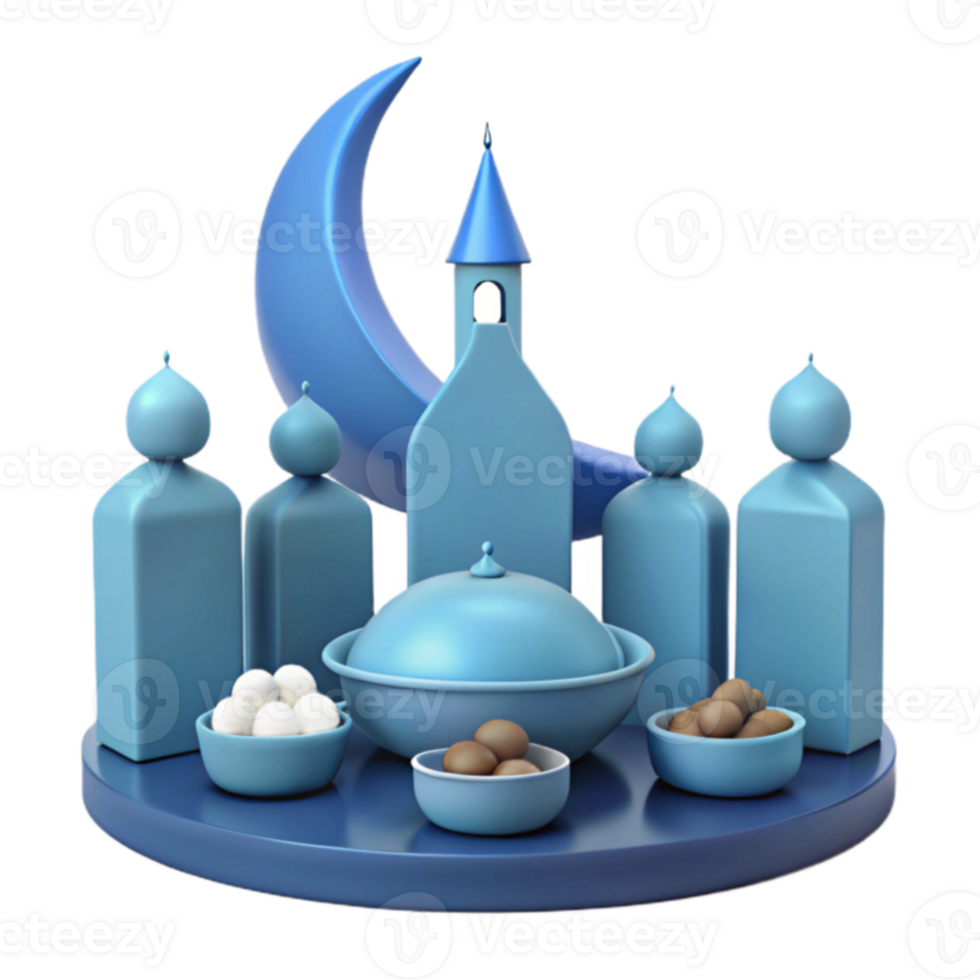 3D Rendered Islamic Crescent Moon and Minarets with Bowls of Food png