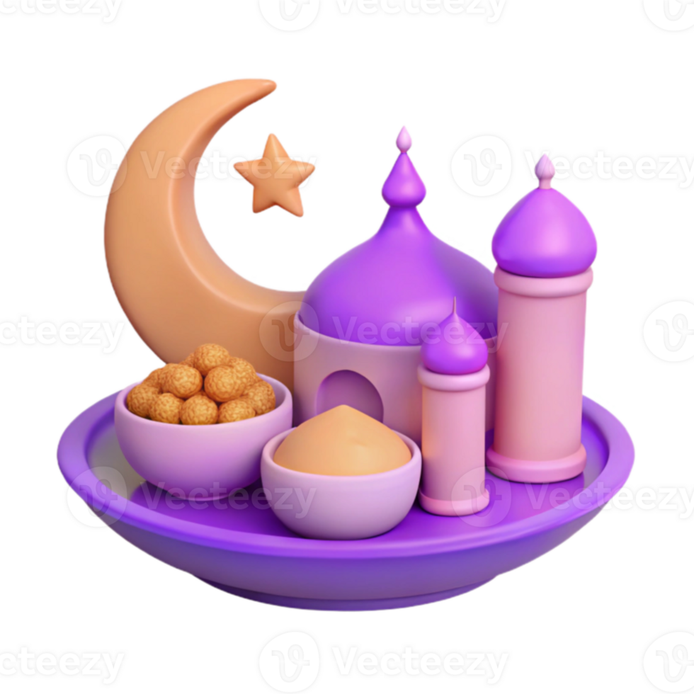 3D Illustration of a Crescent Moon, Star, and Mosque with Sweets png