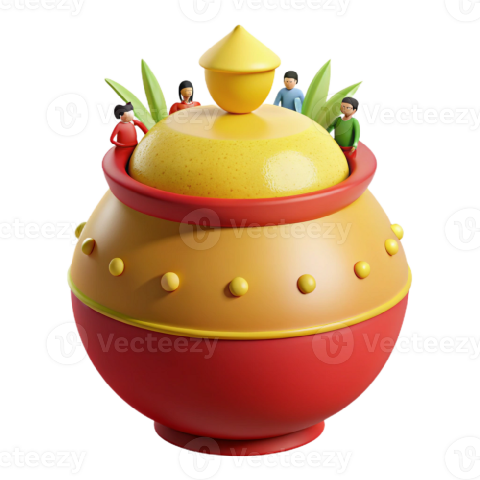 3D Render of a Clay Pot with a Yellow Lid and Tiny People on Top png