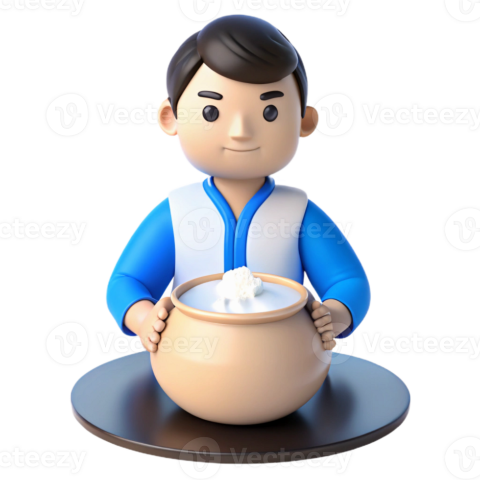 3D Character Holding a Clay Pot of Milk png