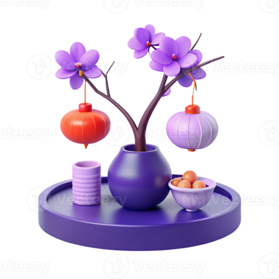 3D Render of a Festive Arrangement with Flowers, Lanterns, and Fruit png