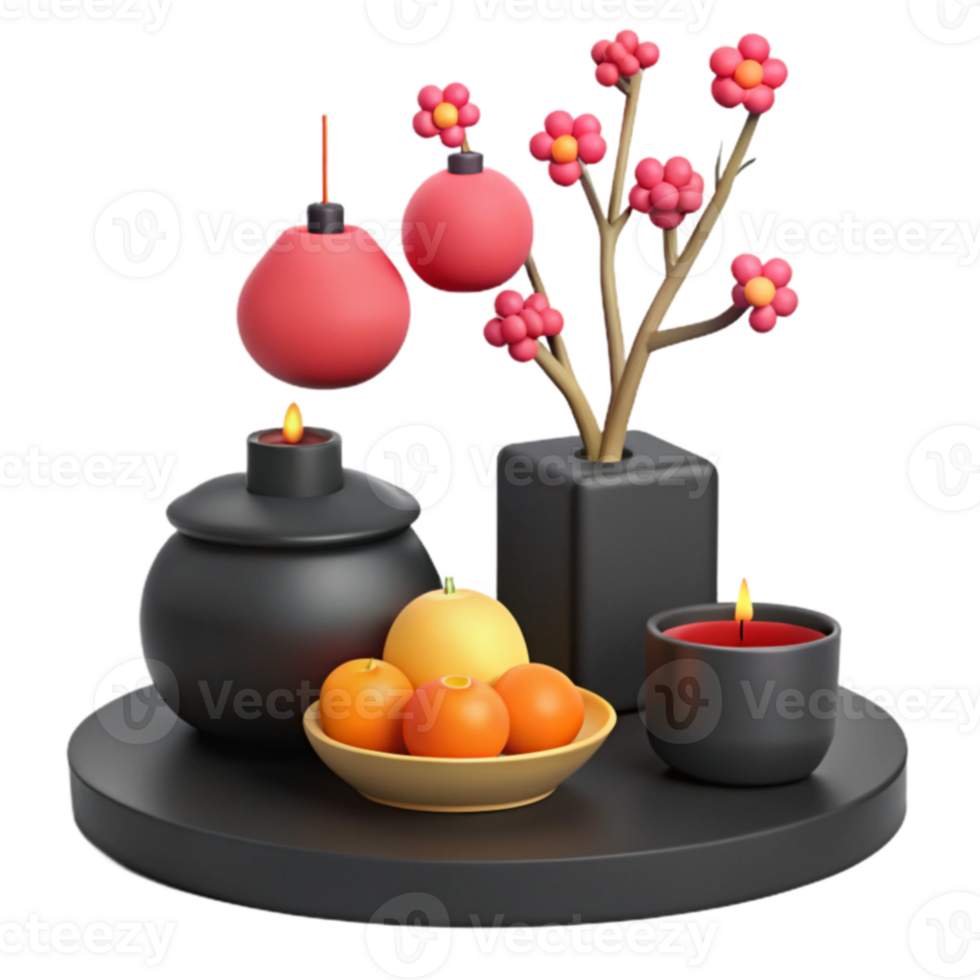 3D Rendered Still Life with Flowers, Candles, and Fruit png