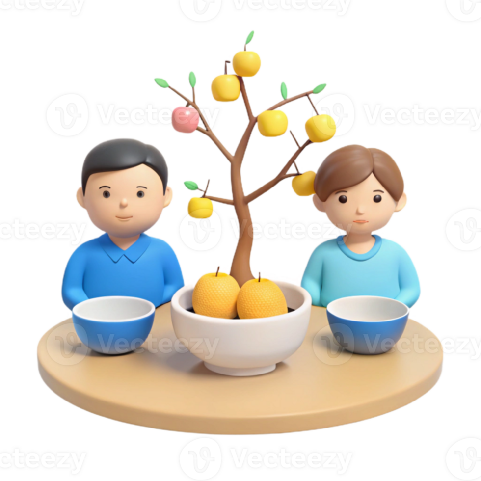 3D Rendered Illustration of Two Cartoon Characters Sitting at a Table with a Fruit Tree png