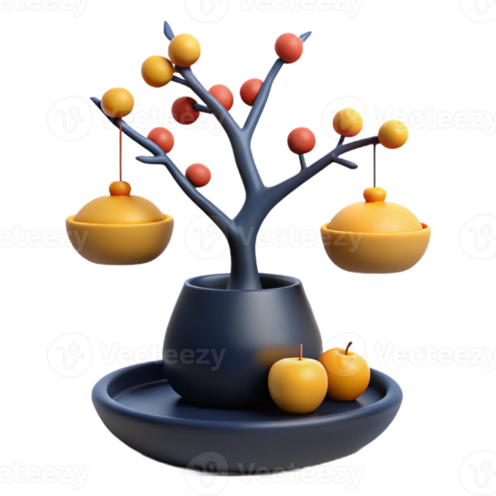 3D Rendered Decorative Tree with Hanging Ornaments and Apples png