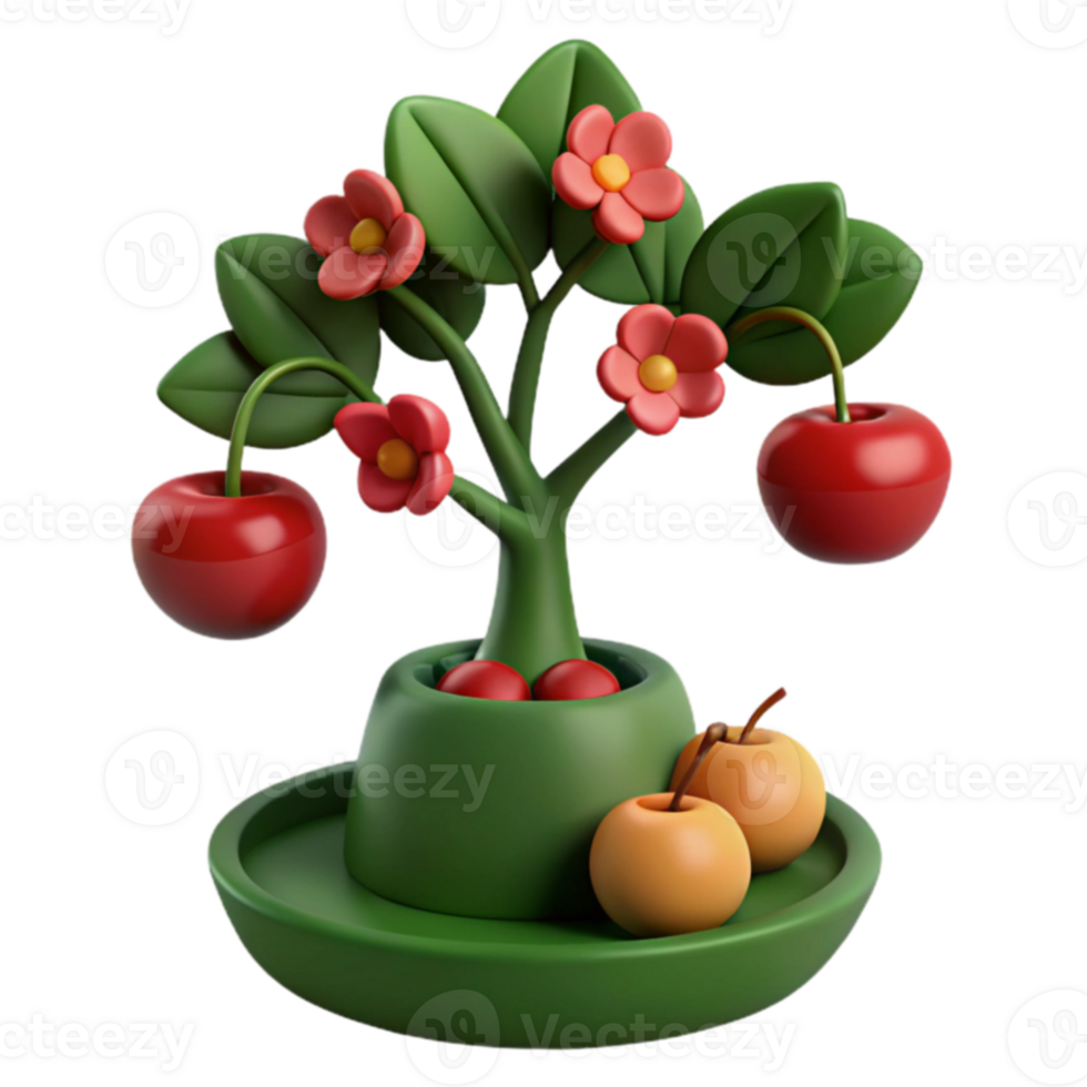 3D Rendered Cherry Tree with Blooming Flowers in a Pot png