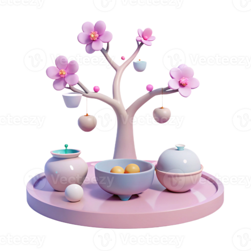 3D Rendered Scene with Blooming Tree and Decorative Items png
