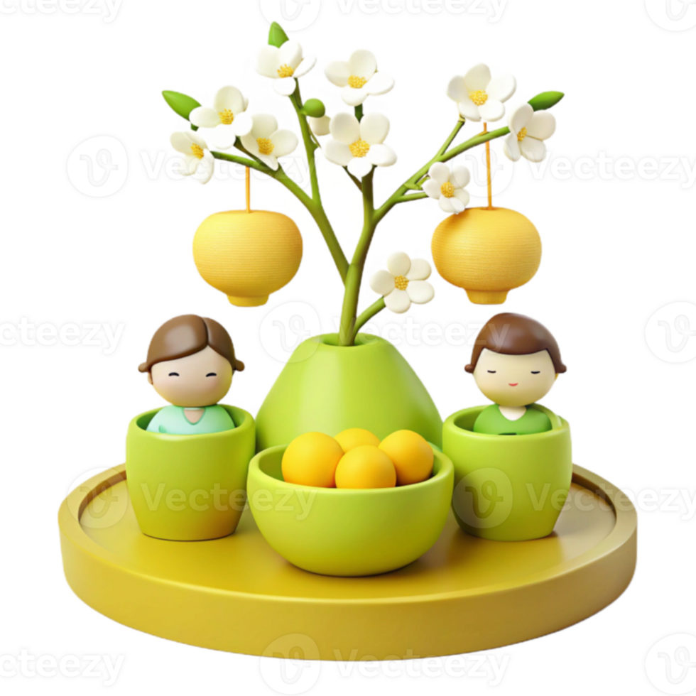 Cute 3D Rendered Scene with Blooming Flowers, Small Figures, and Fruit png