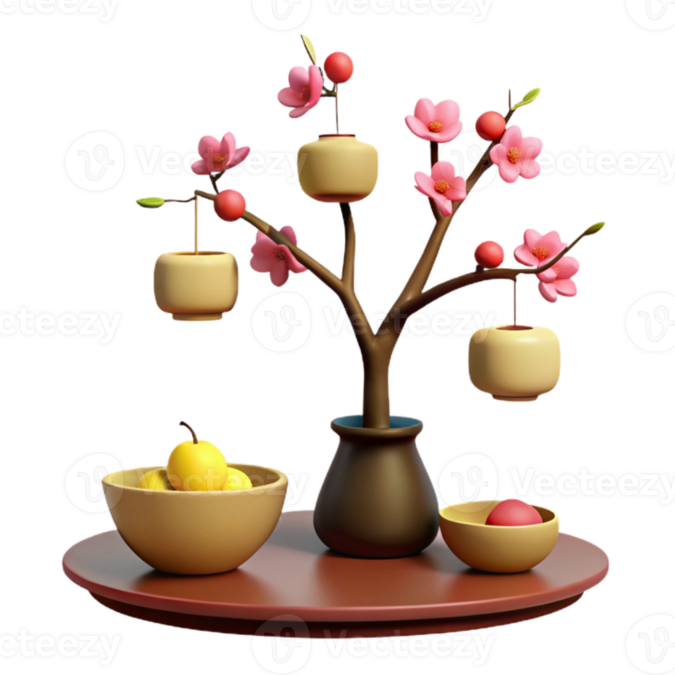 3D Illustration of a Blooming Branch with Pink Flowers and Hanging Pots on a Table png