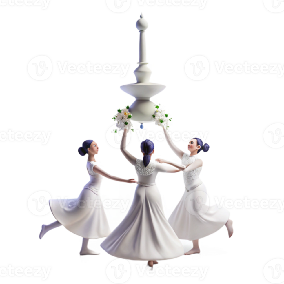 Three Women in White Dresses Lifting a White Ornament with Flowers png